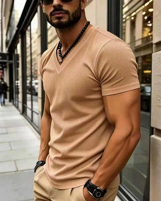 T-Shirt V-Hals Ribbet Solid Farve Herre
