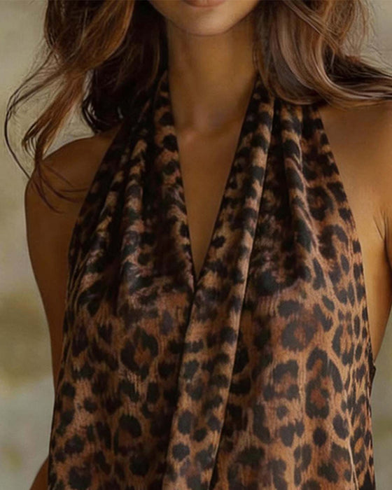 Bluse V-Hals Halter Leopard Ærmeløs