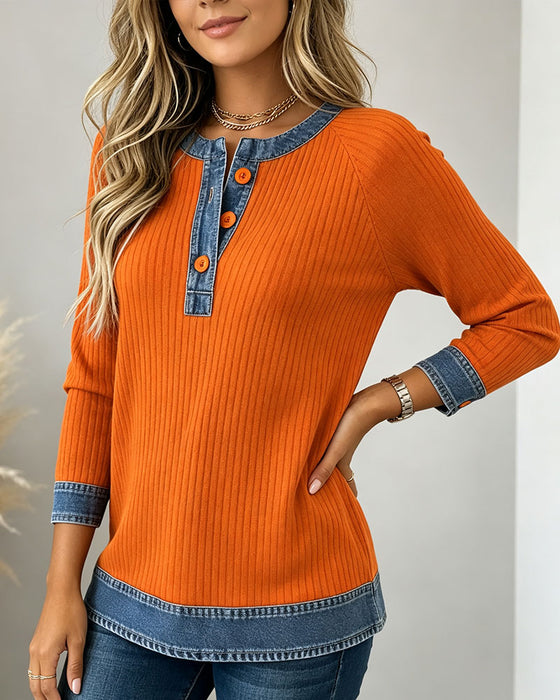 Top Knapper Rund Hals Ærmegab Denim Patchwork