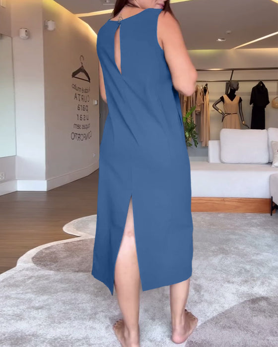 Kjole afslappet v-hals ærmeløs ensfarvet split