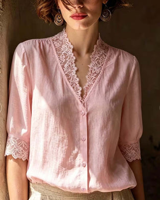 Bluse V-Hals Blonder Patchwork Ensfarvet Tre Kvart Ærme