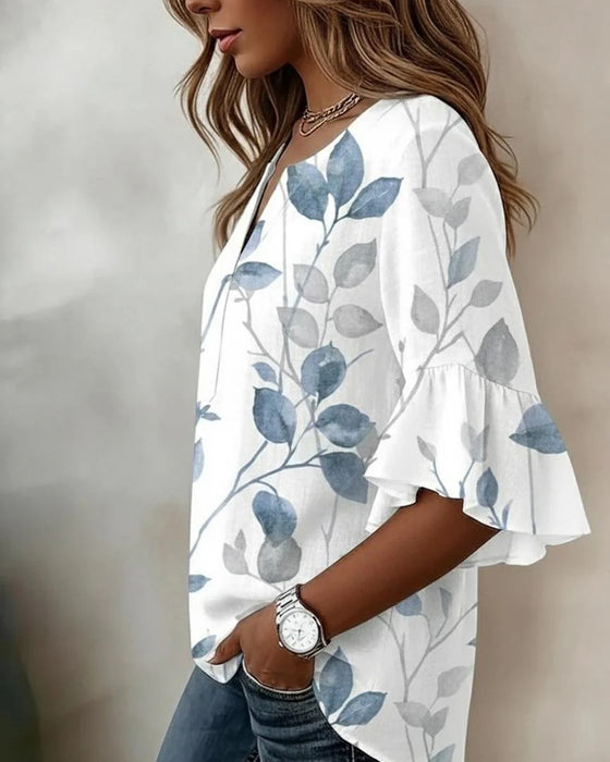 Bluse Flutter Flare Ærme Blad Tryk