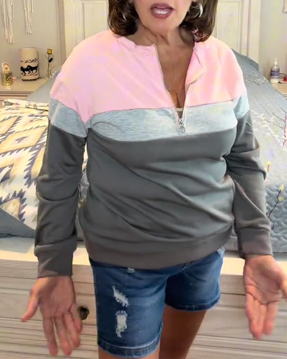 Sweatshirt Med Lynlås, Stående Krave Og Farveblokering Langærmet
