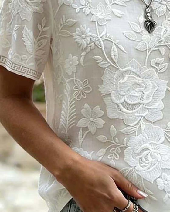 Bluse Rundhalset Broderet Blonder Patchwork