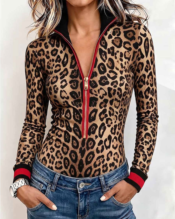 Top Leopardprint Halv-Zip Langærmet
