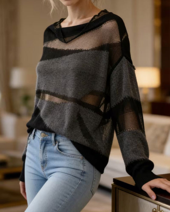Pullover Kontrastfarve Gennemsigtig Langærmet Sweater