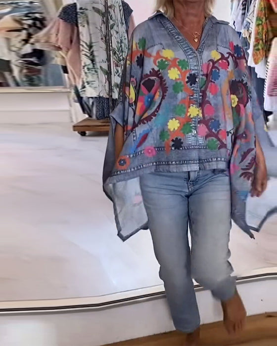Bluse Uregelmæssig Print Falsk Denim