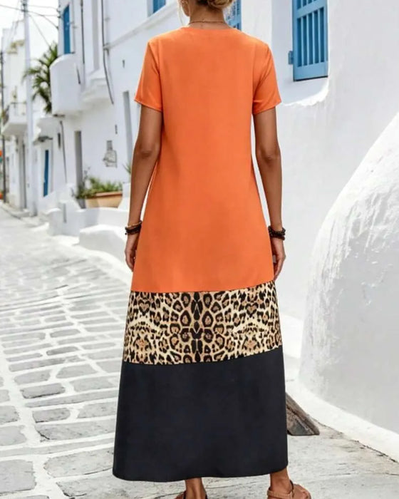 Maxi-Kjole V-Hals Farveblok Patchwork Leopard
