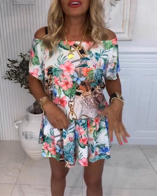 Jumpsuit Med Planter og Blomster Mønster, Off - the - Shoulder Stil