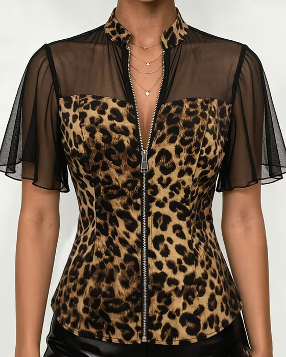 Bluse Leopard Patchwork Mandarin Krave Lynlås