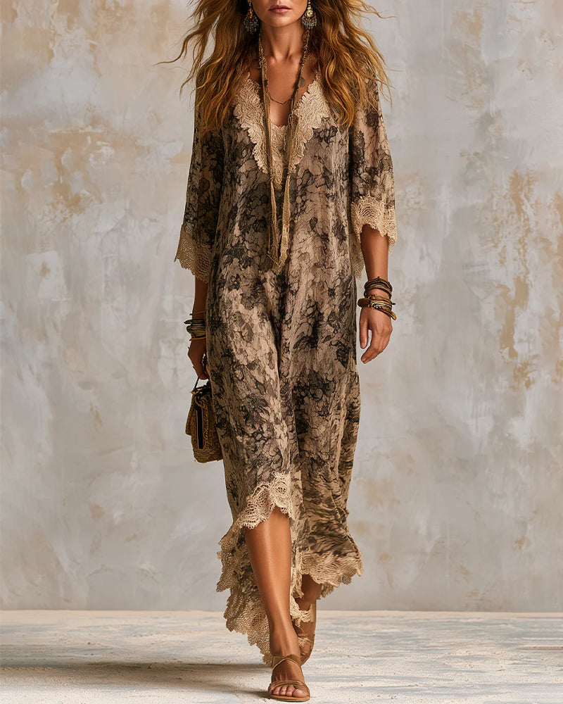 Kjole V-Hals Blonde Patchwork Asymmetrisk