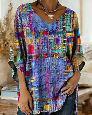 Bluse Med Farverigt Geometrisk Print Og Vide Ærmer