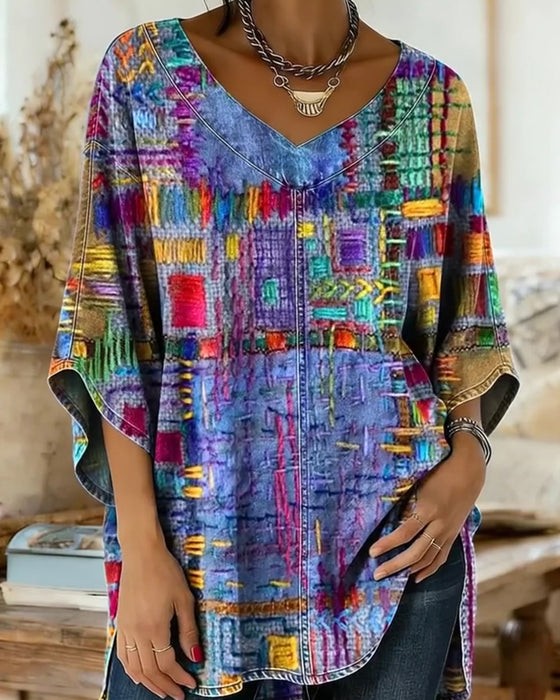 Bluse Med Farverigt Geometrisk Print Og Vide Ærmer