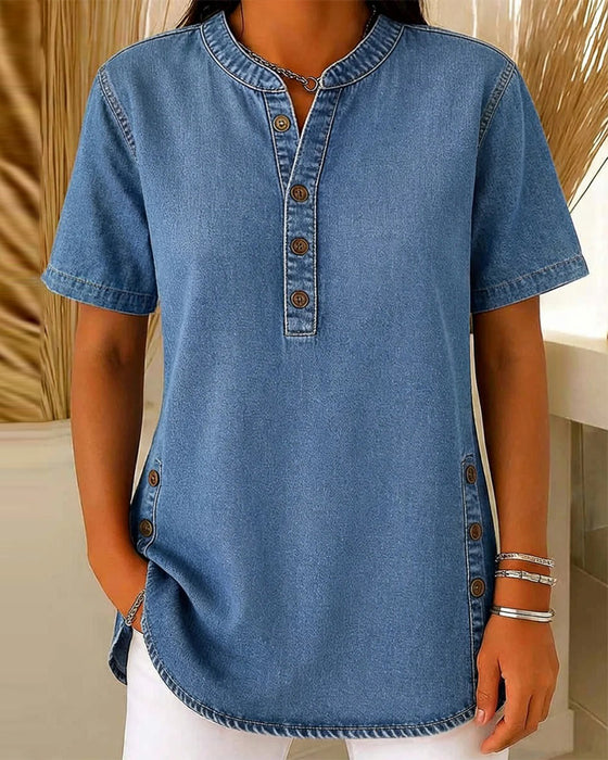 Top Knap-Foran Denim Kort Ærme