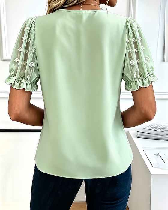 Bluse Rund Hals Knipling Puff Ærmer