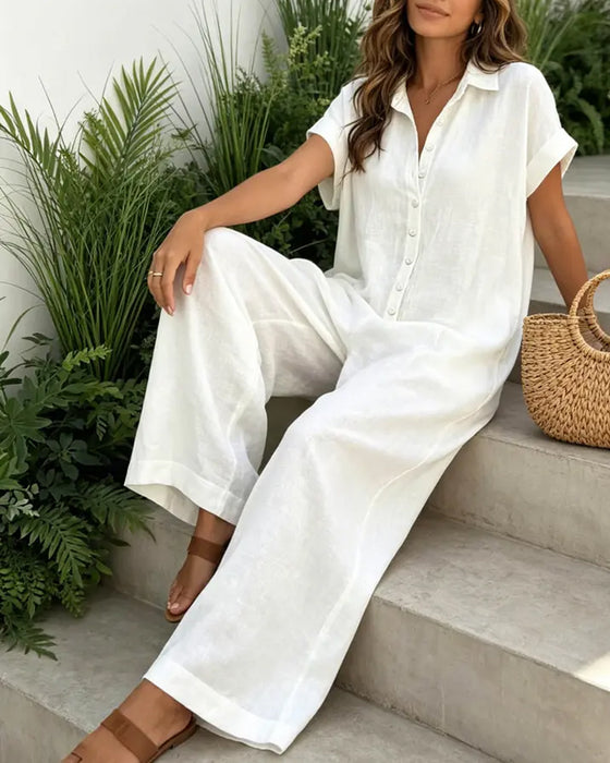 Afslappet Ensfarvet Jumpsuit Med Krave