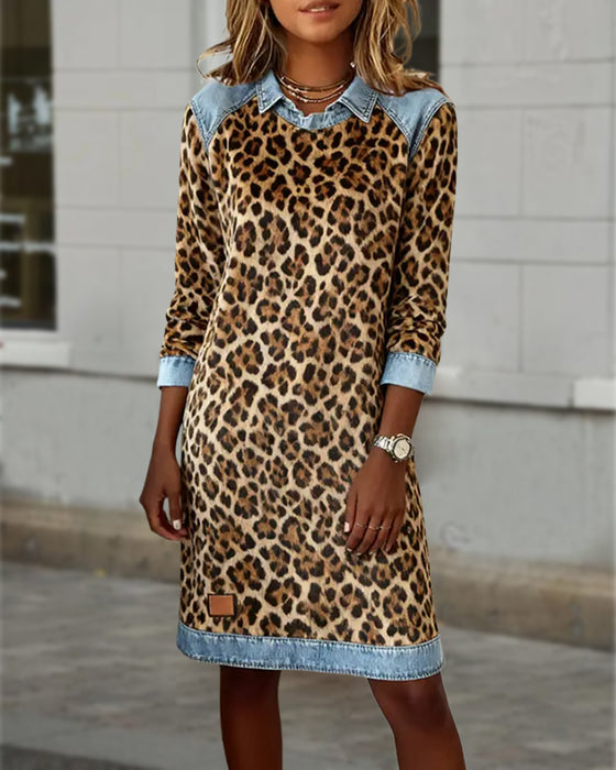 Kjole Revers Leopardprint Shift