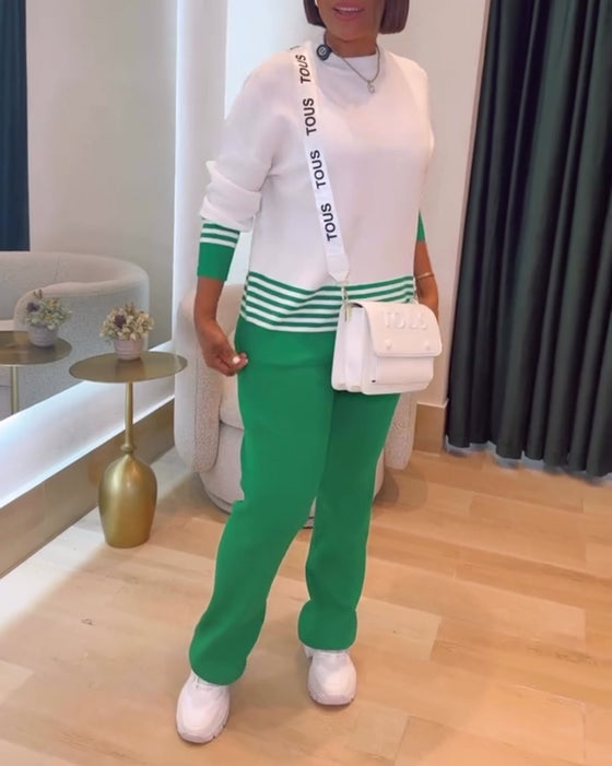 Stribet Kontrast Pullover Bukse Sæt
