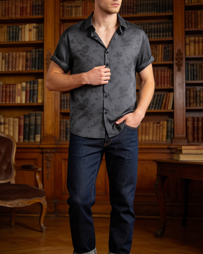 Herre Skjorte Subtilt Blomstret Tryk Nedlagt Krave Korte Ærmer