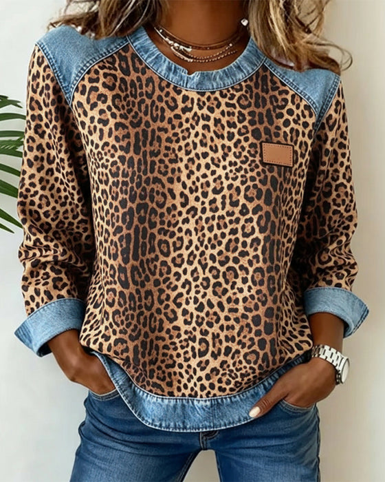 Sweatshirt Leopardtryk Denim Patchwork