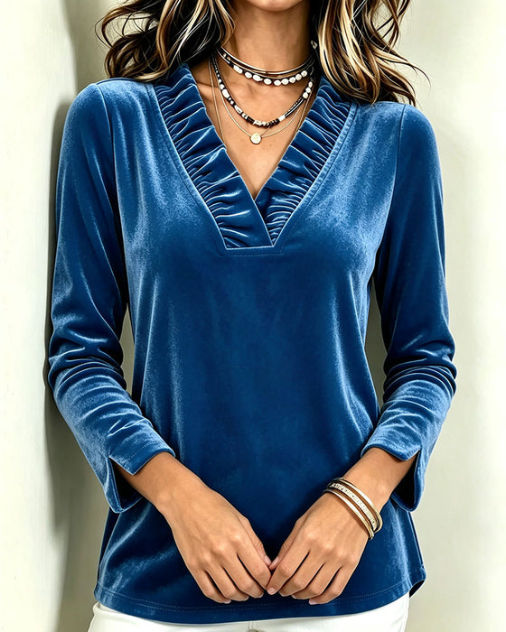 Bluse V-Hals Ruffle Rynket Slids