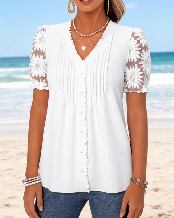 T-Shirt V-Hals Knap Plisseret Blonder Patchwork