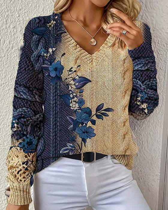 Pullover Gradient Farveblok Blomstret V-Hals Udskæring