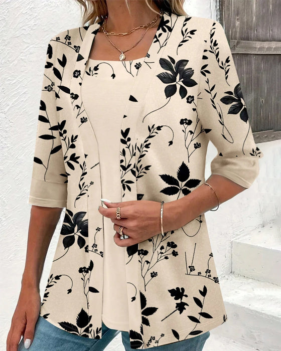 Elegant Falsk To-delt T-skjorte med Blomster mønster