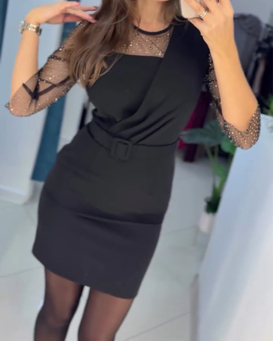 Kjole Mesh Hætte Rhinestone Slim Fit Høfteomfavnende