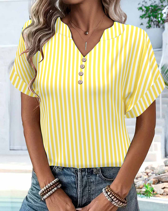 T-shirt V-hals Stribet Farveblok