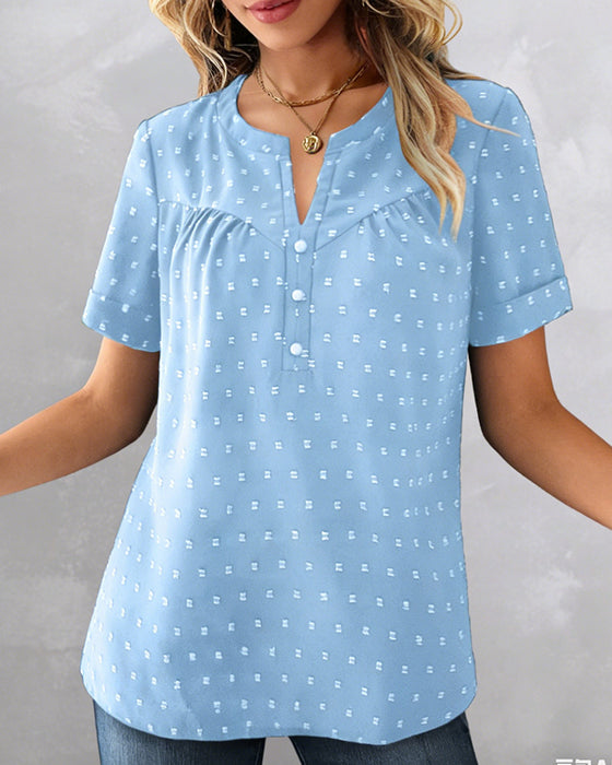 Bluse Jacquard V-Hals Halvlynge Kort Ærme