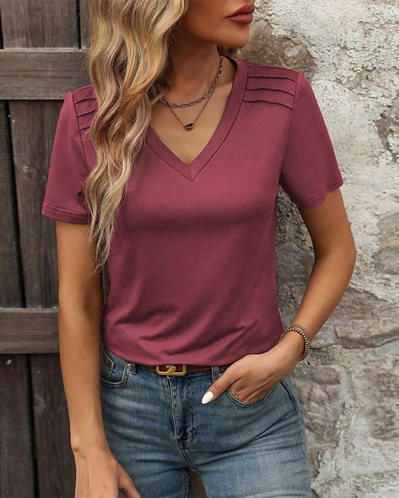 Korte Ærmer T - Shirt Med V - Hals Og Entydig Farve