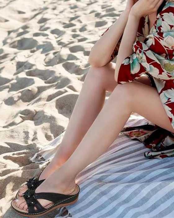 Sandal Vintage Ensfarvet Blomstret Kile