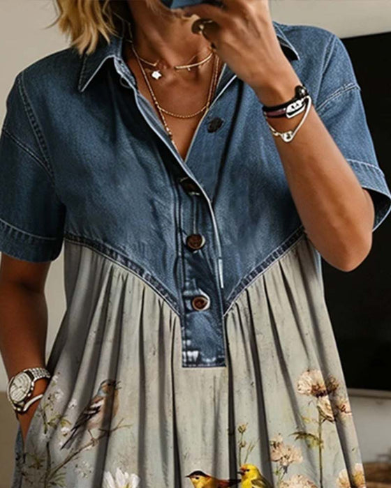 Kjole Skjortekrave Blomstret Denim Patchwork
