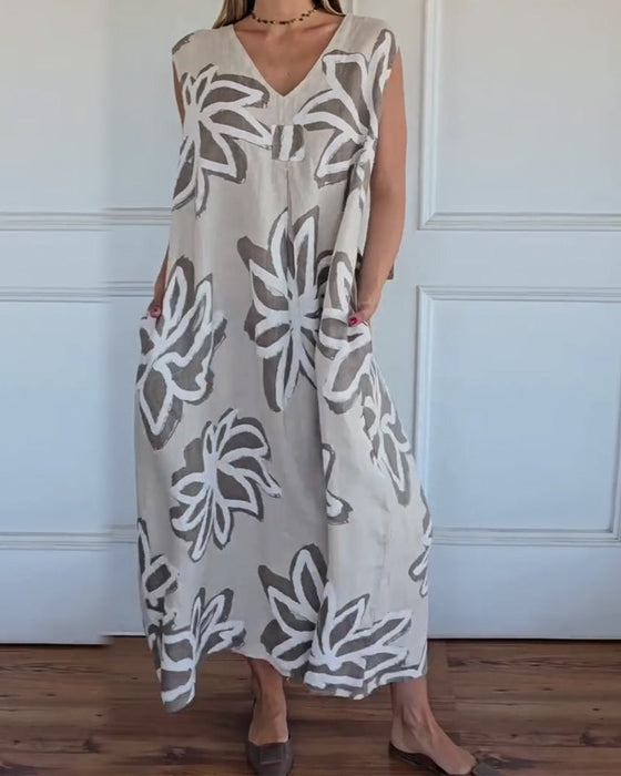 Kjole V-Hals Abstrakt Blomstret Ærmeløs