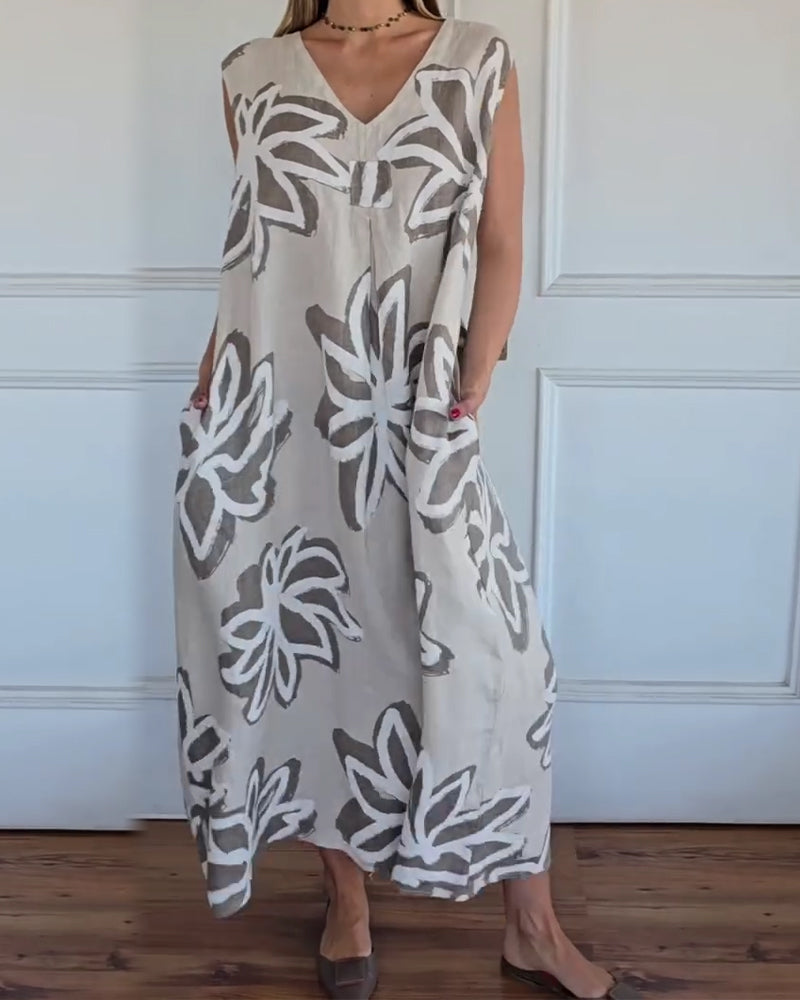 Kjole V-Hals Abstrakt Blomstret Ærmeløs