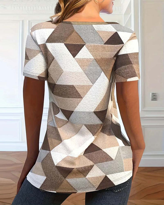 T-shirt Med Casual Farveblok U-formet Hals