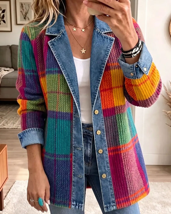 Frakke Reverskrave Knap Ribbet Farveblok Denim Patchwork