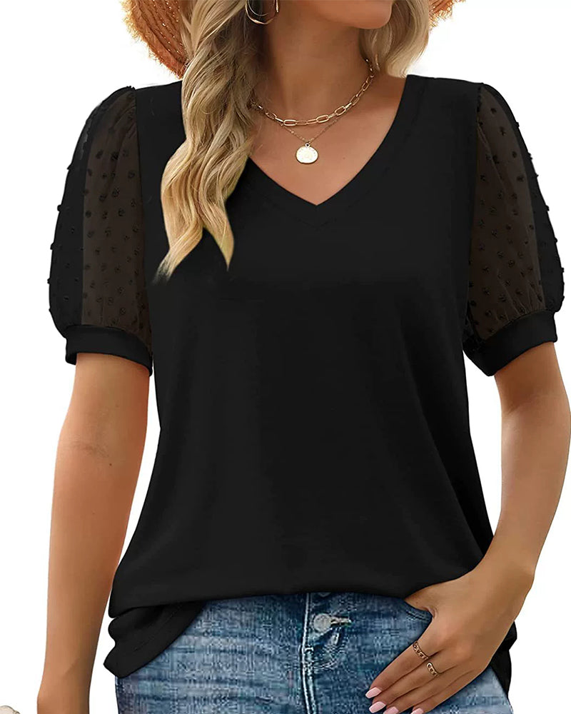Bluse Ensfarvet Mesh Puffærme