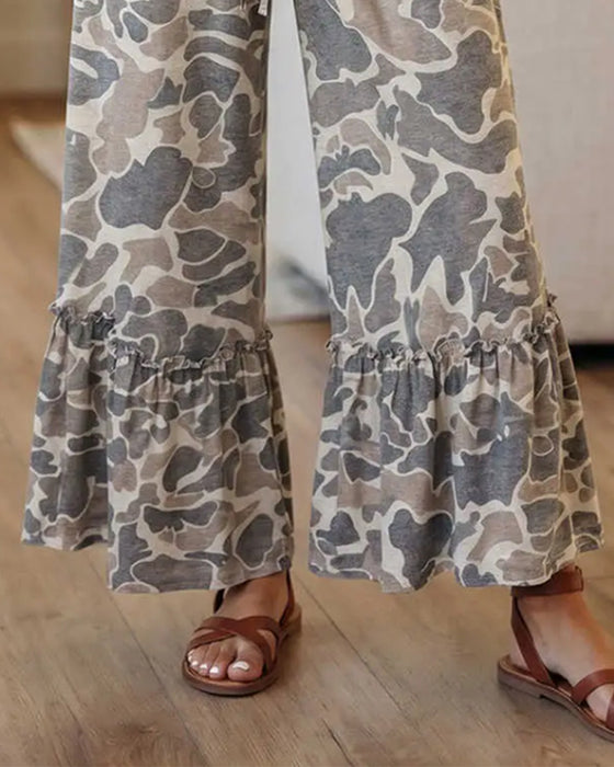 Bukser Elastisk Talje Camouflage Ruffle Capri