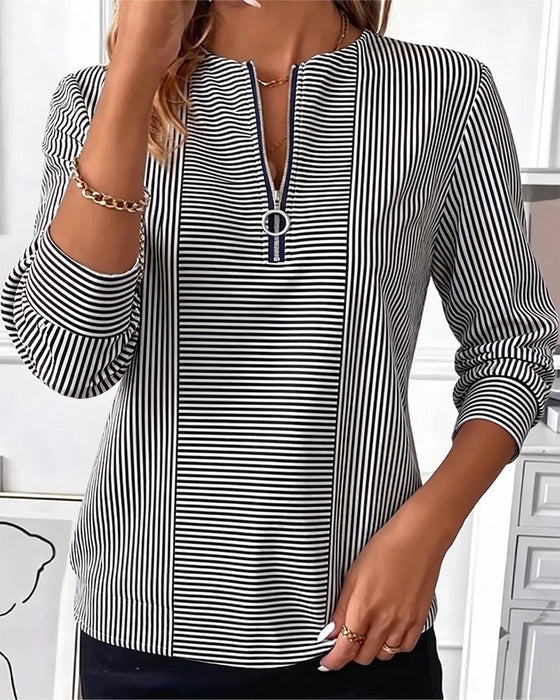 Bluse Stribet Patchwork Lynlås Op