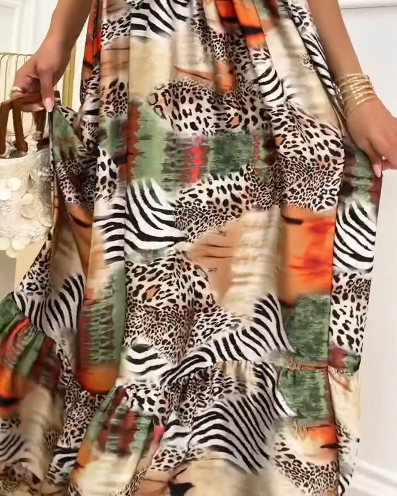 Kjole Leopard Kontrast Spagettibånd Patchwork