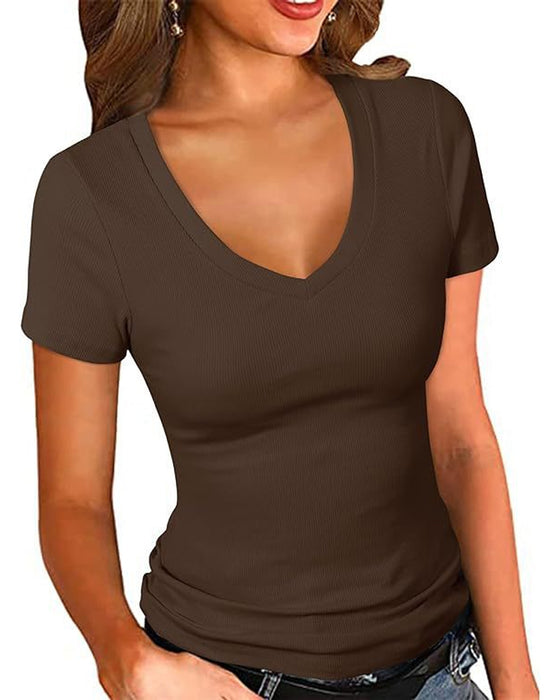 T-Shirt Ribstrikket Slim Fit V-Udskæring Korte Ærmer