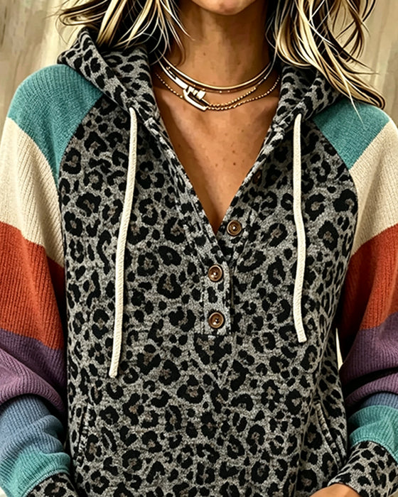 Hoodie Leopard Farveblok Knap