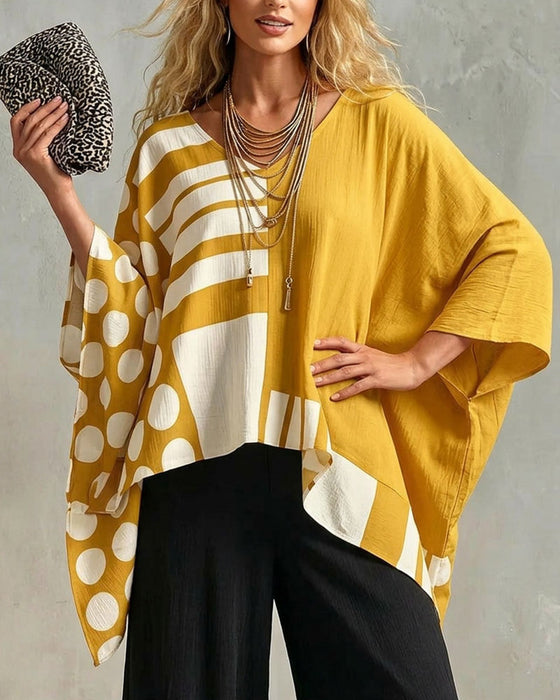 Bluse Polka Dot Stribe Patchwork V Halsudskæring