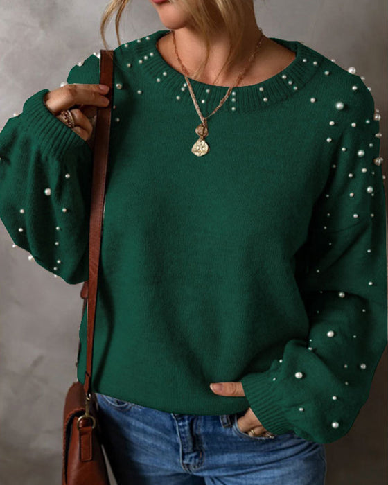 Pullover Med Perler Lange Ærme Rund Hals