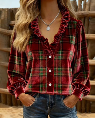 Top Med Volangerdetaljer, V-Krage Design Och Sammetstoff