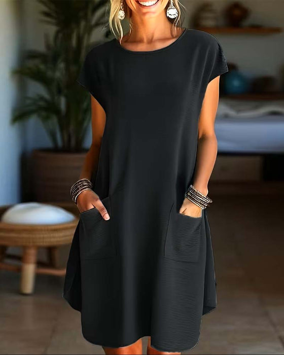 Kjole Lommedetalje Rund Hals Kortærme