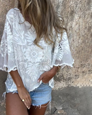 Bluse Sommerfuglsærme Rund Hals Broderet