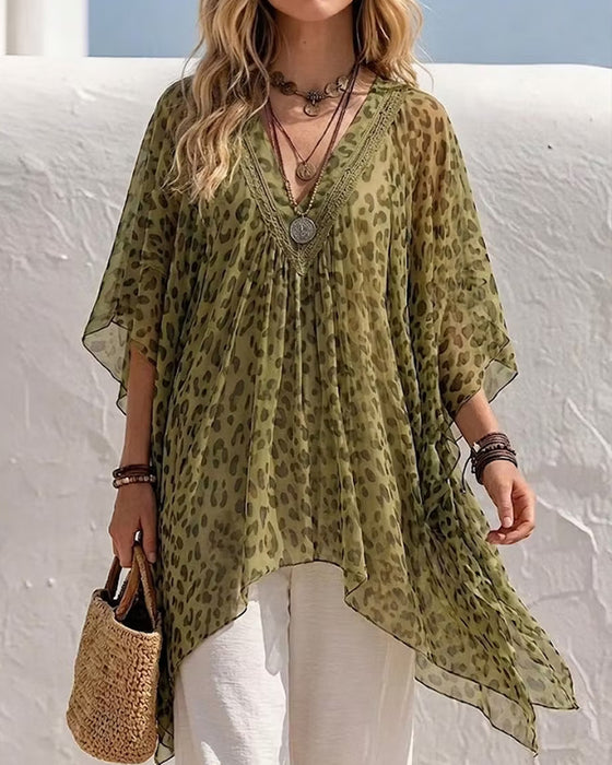 Bluse V-Hals Uregelmæssig Leopard